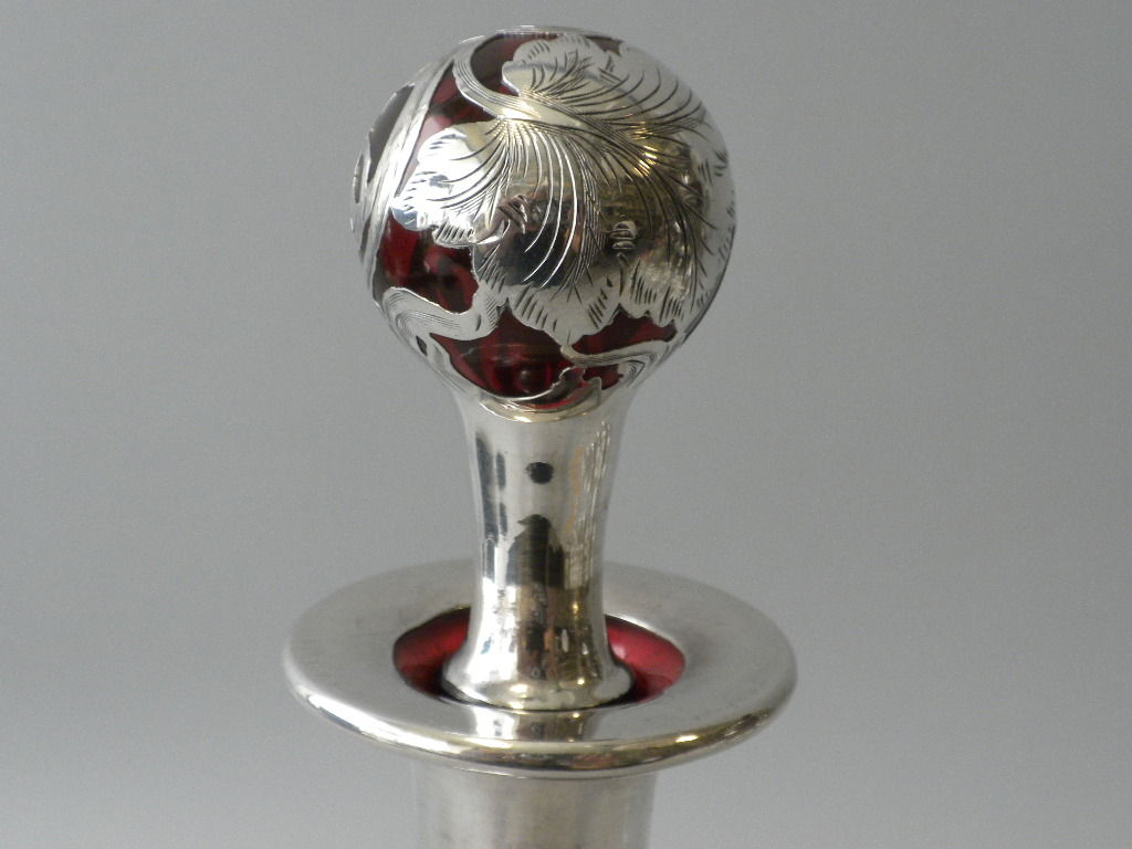 20th Century Sterling Silver Cranberry Glass Overlay Decanter