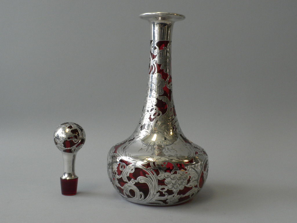  Sterling Silver Cranberry Glass Overlay Decanter 1