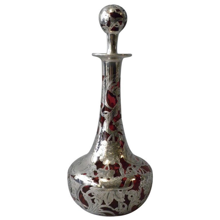 Sterling Silver Cranberry Glass Overlay Decanter