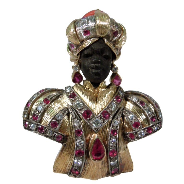 Italian Blackamoor Gold and Jeweled Brooch C 1950 at 1stdibs