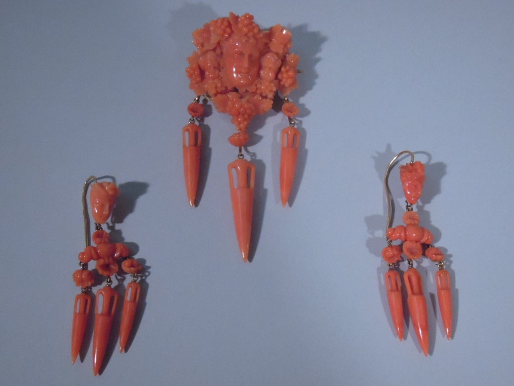 Victorian Italian Earrings and Brooch - Antique & Classical - Carved Coral - C 1875