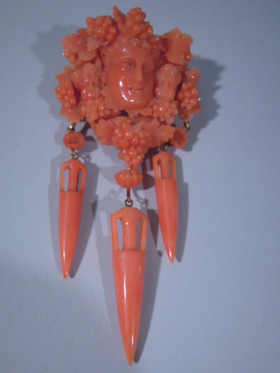 Italian Earrings and Brooch - Antique & Classical - Carved Coral - C 1875 In Excellent Condition In New York, NY
