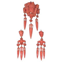 Italian Earrings and Brooch - Antique & Classical - Carved Coral - C 1875