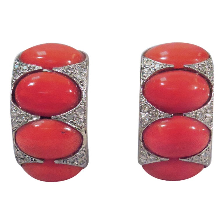Smart Contemporary Diamond, Platinum & Coral Earrings  For Sale