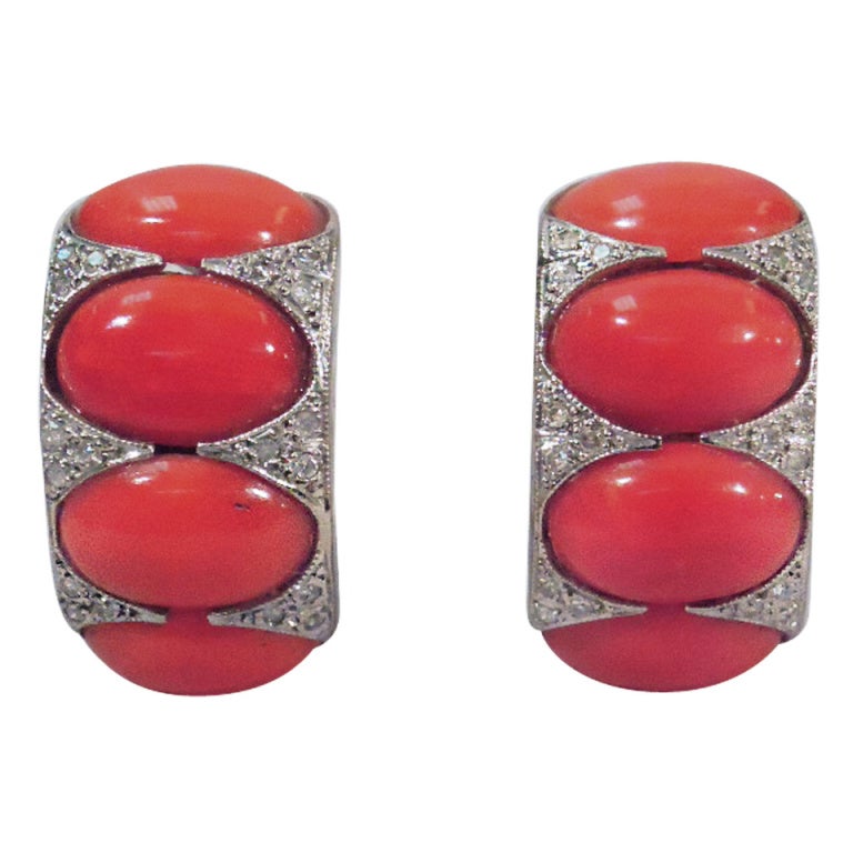 Smart Contemporary Diamond, Platinum & Coral Earrings 