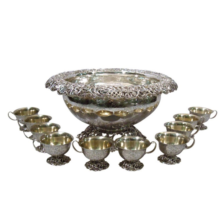 JE Caldwell Sterling Silver Punch Bowl with 10 Cups
