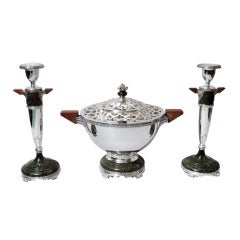 Art Deco Sterling Silver & Hardstone Garniture with Bowl and Candlesticks 