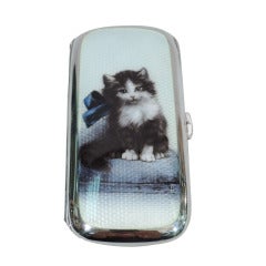 Vintage Silver Cigarette Case with Long-Haired Cat C 1910