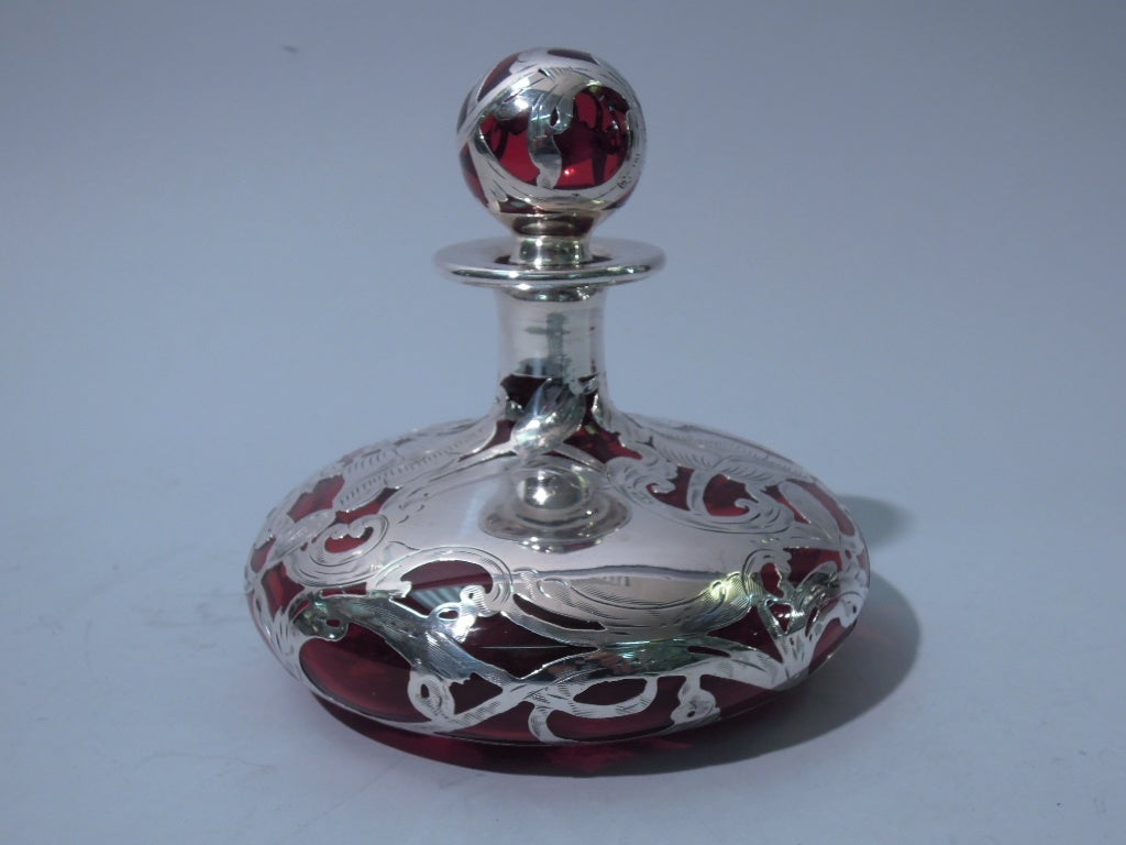 Art Nouveau Ruby Glass Perfume Bottle with Silver Overlay c1900