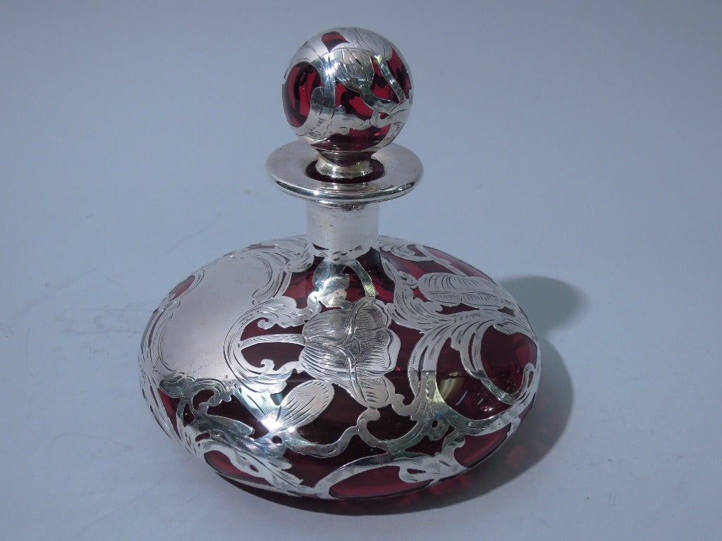 Ruby Glass Perfume Bottle with Silver Overlay c1900 In Excellent Condition In New York, NY
