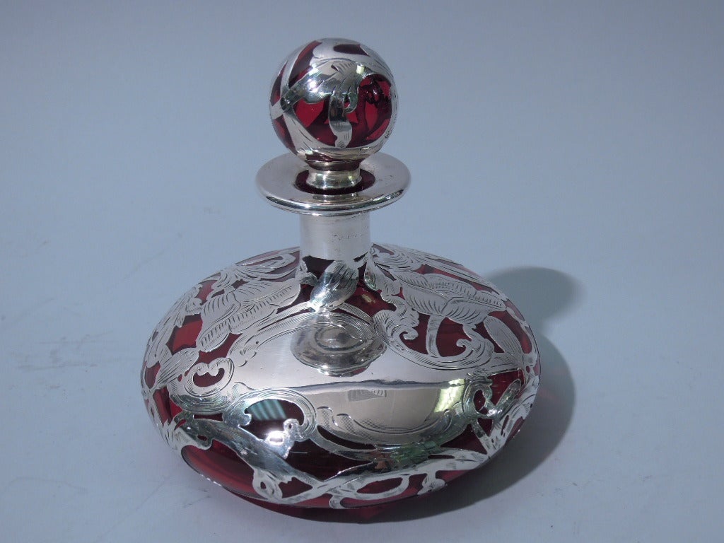 Women's Ruby Glass Perfume Bottle with Silver Overlay c1900