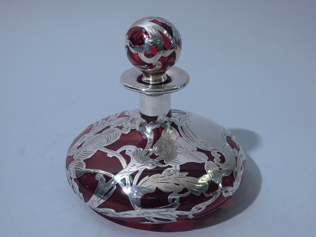 Ruby Glass Perfume Bottle with Silver Overlay c1900 1