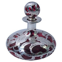 Antique Ruby Glass Perfume Bottle with Silver Overlay c1900