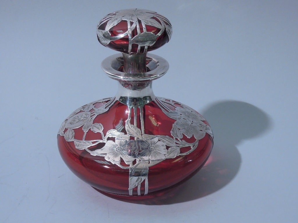 Art Nouveau Perfume - American Cranberry Glass with Silver Overlay In Excellent Condition In New York, NY
