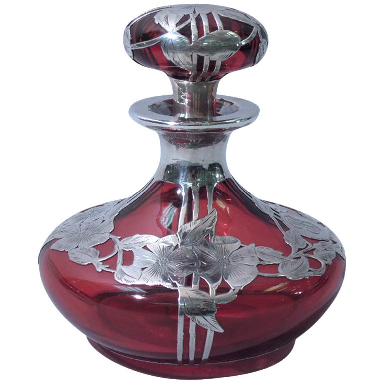 Art Nouveau Perfume - American Cranberry Glass with Silver Overlay