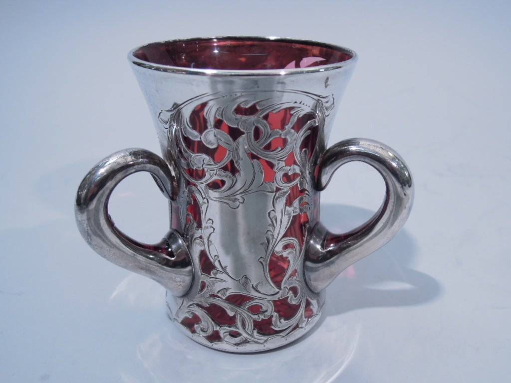 Art Nouveau Loving Cup - American Cranberry Glass & Silver Overlay In Excellent Condition In New York, NY