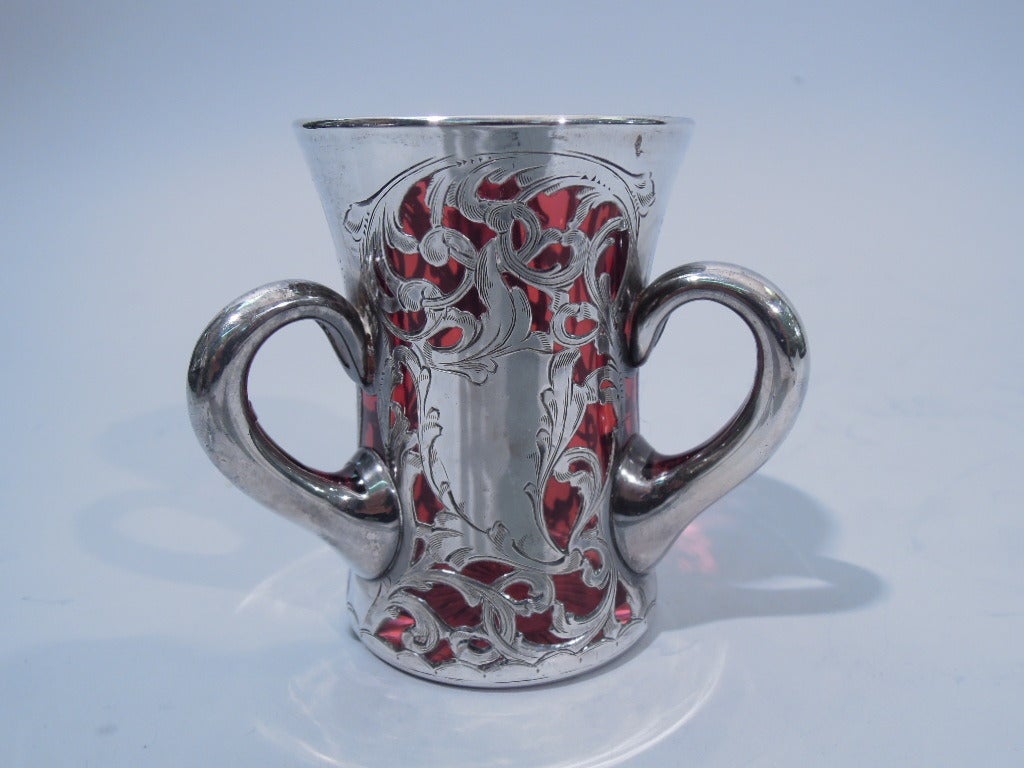 Women's or Men's Art Nouveau Loving Cup - American Cranberry Glass & Silver Overlay