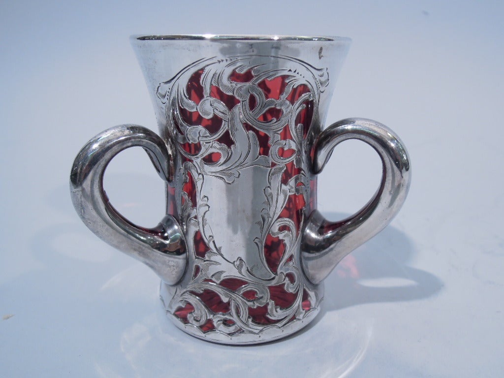 Art Nouveau Loving Cup - American Cranberry Glass & Silver Overlay 1