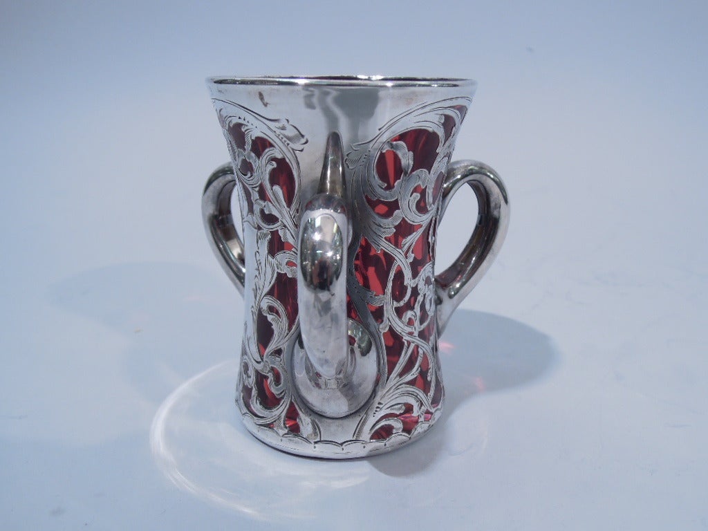 Art Nouveau Loving Cup - American Cranberry Glass & Silver Overlay 2