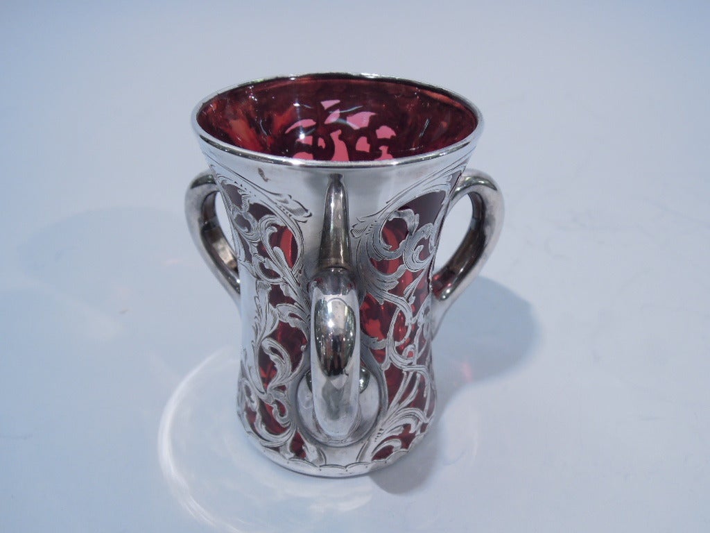 Art Nouveau Loving Cup - American Cranberry Glass & Silver Overlay 3