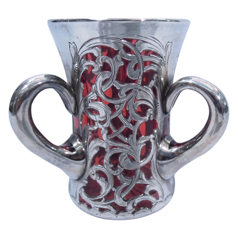 Art Nouveau Loving Cup - American Cranberry Glass & Silver Overlay