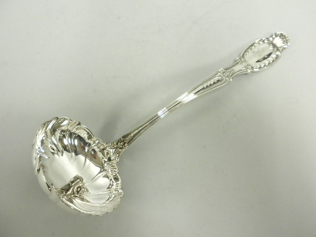 This is a lovely Sterling Silver Soup Ladle made by Tiffany & Co., New York, in the Richelieu pattern, Circa 1900.  The Richelieu pattern was first made in 1892 and was designed by Paulding Farnum, one of Tiffany’s most creative and prolific