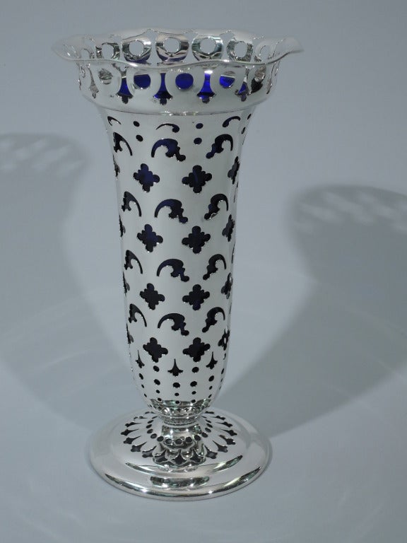 Edwardian Tiffany Vase - Pierced with Cobalt Glass - American Sterling Silver - C 1902