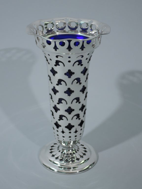 Tiffany Vase - Pierced with Cobalt Glass - American Sterling Silver - C 1902 In Excellent Condition In New York, NY