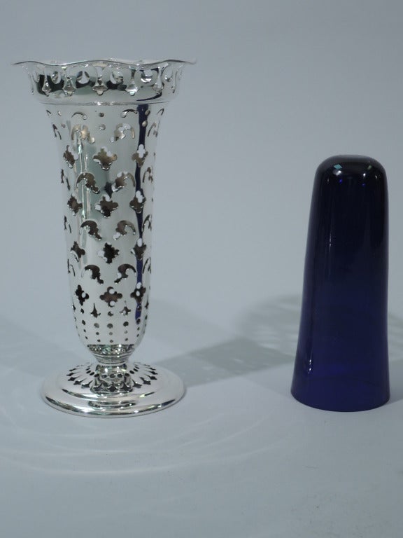 Women's or Men's Tiffany Vase - Pierced with Cobalt Glass - American Sterling Silver - C 1902