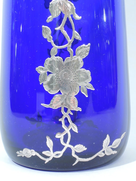 Vase - Large & Pretty - American Cobalt Glass & Silver Overlay - C 1910 5