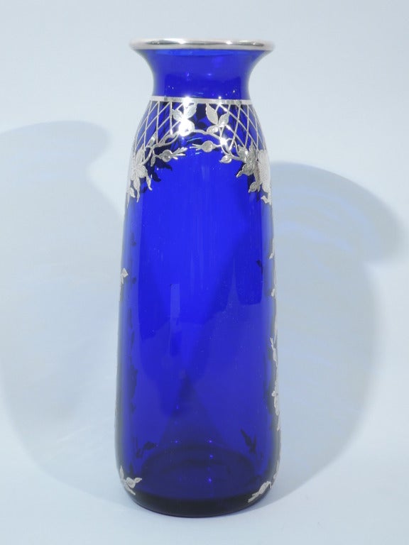 Art Nouveau Vase - Large & Pretty - American Cobalt Glass & Silver Overlay - C 1910