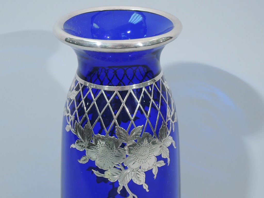 Vase - Large & Pretty - American Cobalt Glass & Silver Overlay - C 1910 In Excellent Condition In New York, NY