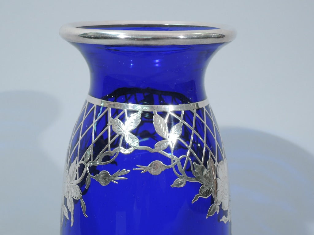 Women's or Men's Vase - Large & Pretty - American Cobalt Glass & Silver Overlay - C 1910