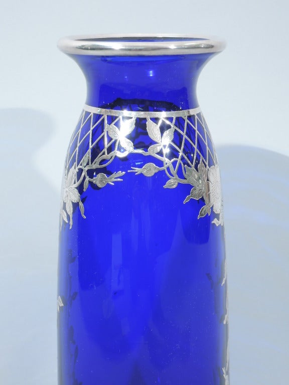 Vase - Large & Pretty - American Cobalt Glass & Silver Overlay - C 1910 1