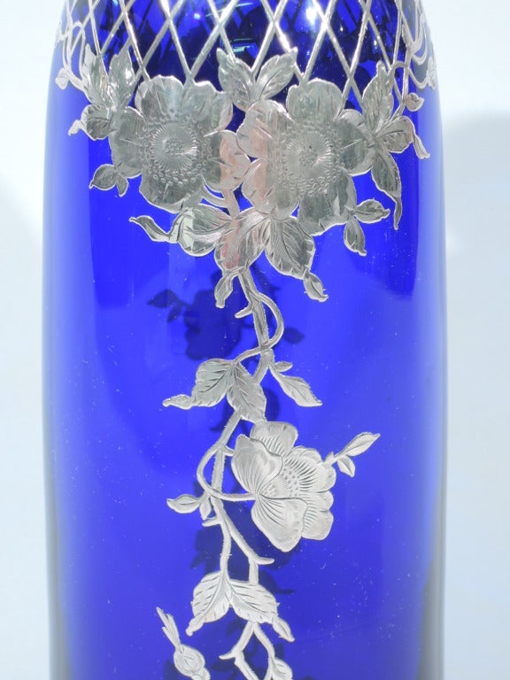 Vase - Large & Pretty - American Cobalt Glass & Silver Overlay - C 1910 2