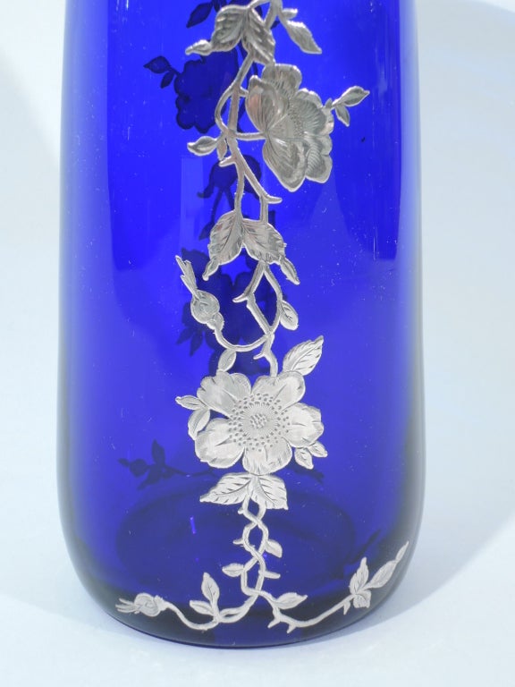 Vase - Large & Pretty - American Cobalt Glass & Silver Overlay - C 1910 3