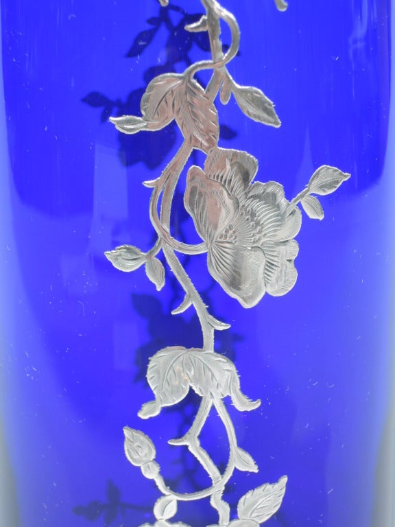 Vase - Large & Pretty - American Cobalt Glass & Silver Overlay - C 1910 4