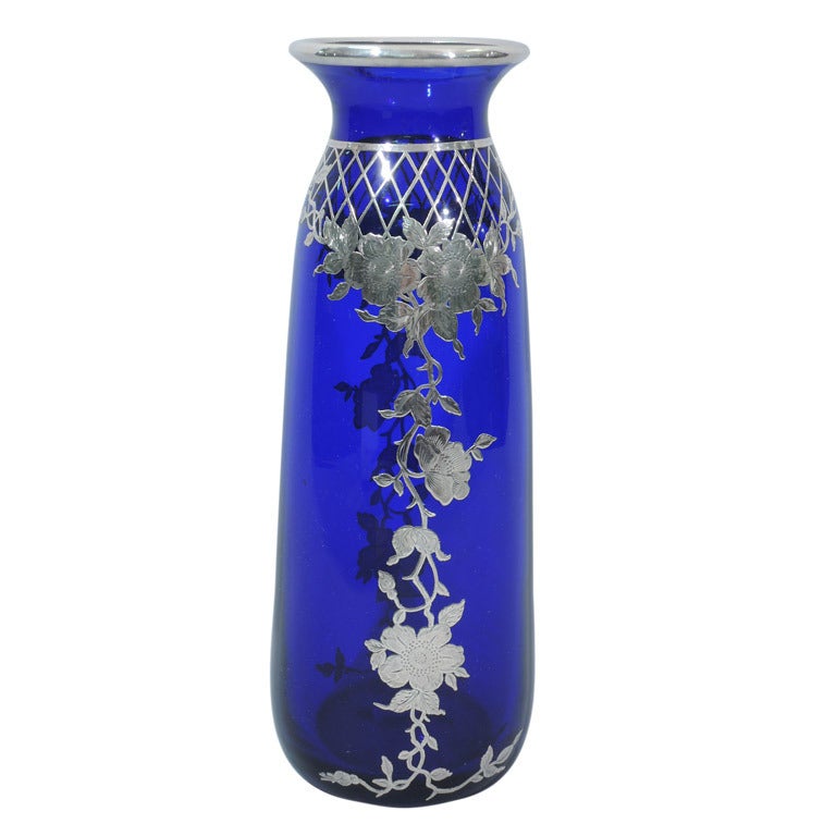 Vase - Large & Pretty - American Cobalt Glass & Silver Overlay - C 1910