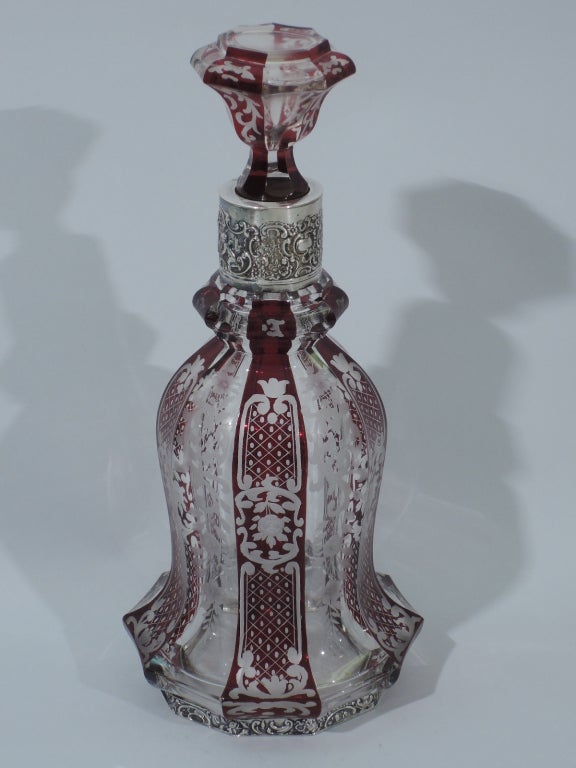 Victorian Bohemian Glass Decanter with Ruby Flashing and Silver Mounts C 1900