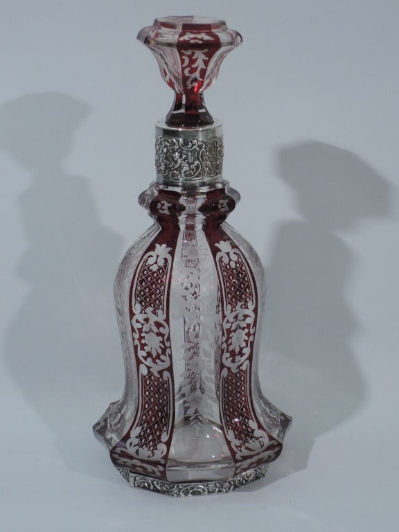 Bohemian Glass Decanter with Ruby Flashing and Silver Mounts C 1900 In Excellent Condition In New York, NY