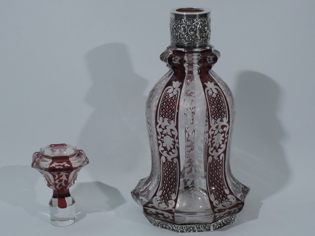 Women's or Men's Bohemian Glass Decanter with Ruby Flashing and Silver Mounts C 1900