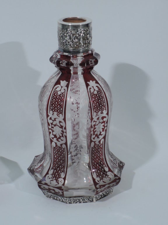 Bohemian Glass Decanter with Ruby Flashing and Silver Mounts C 1900 1