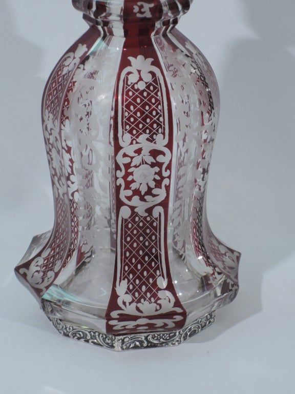 Bohemian Glass Decanter with Ruby Flashing and Silver Mounts C 1900 2