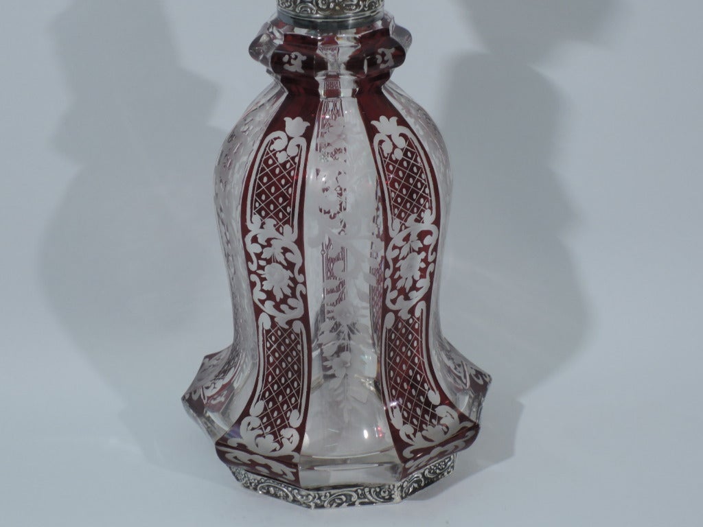 Bohemian Glass Decanter with Ruby Flashing and Silver Mounts C 1900 3