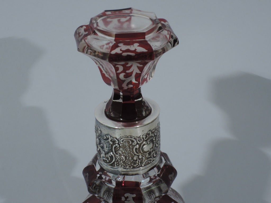 Bohemian Glass Decanter with Ruby Flashing and Silver Mounts C 1900 4