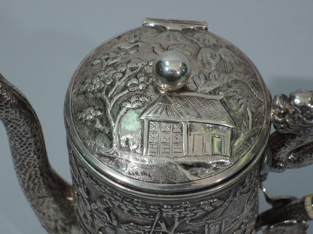 Dramatic Dragon Teapot by Khecheong - Chinese Export Silver - C 1850 2