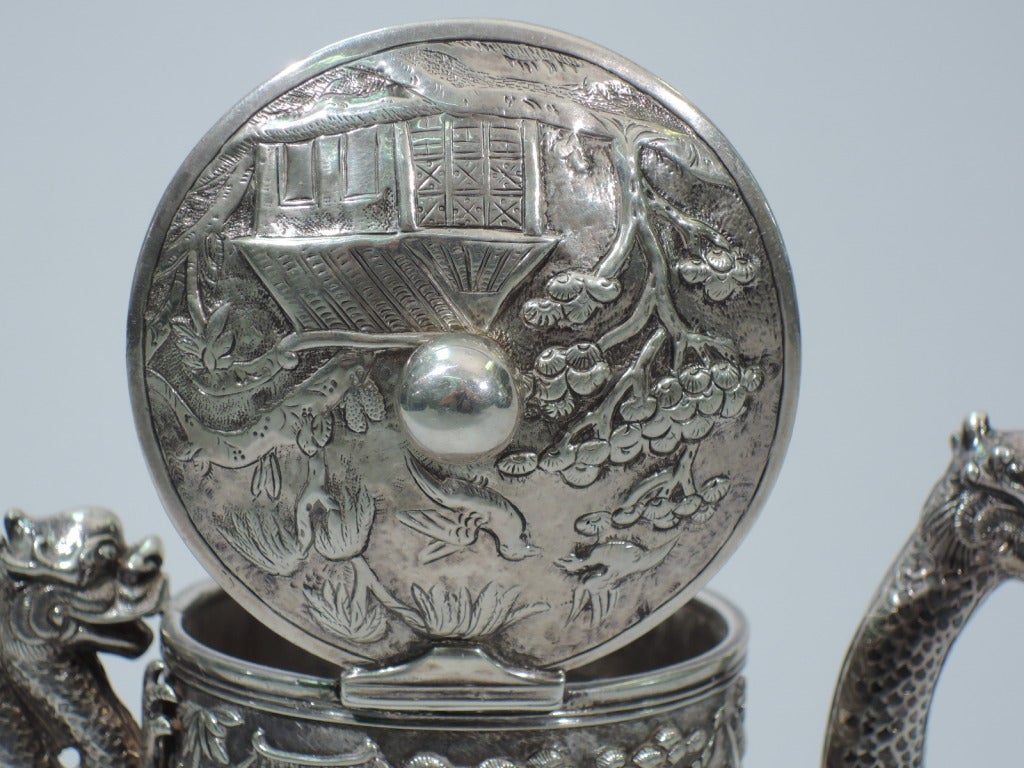 Dramatic Dragon Teapot by Khecheong - Chinese Export Silver - C 1850 3