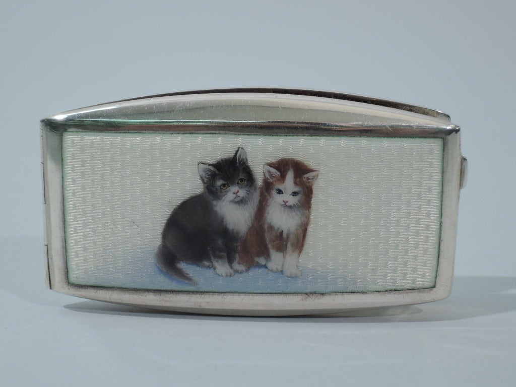 Cat Cigarette Case - Pretty Kitties - Austrian Silver & Enamel - C 1920 In Excellent Condition In New York, NY