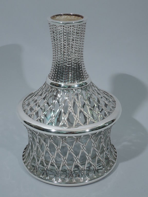 Edwardian Japanese Glass Decanter with Silver Overlay in Basket Motif