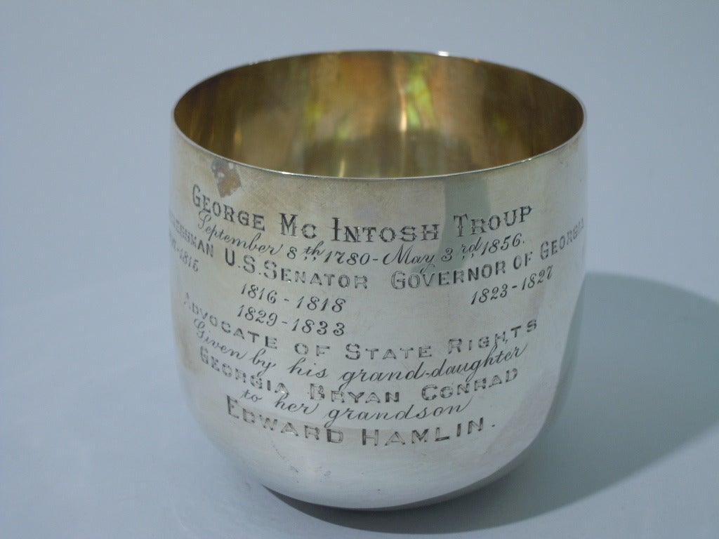 Silver Cup with Southern Confederacy Association In Excellent Condition In New York, NY